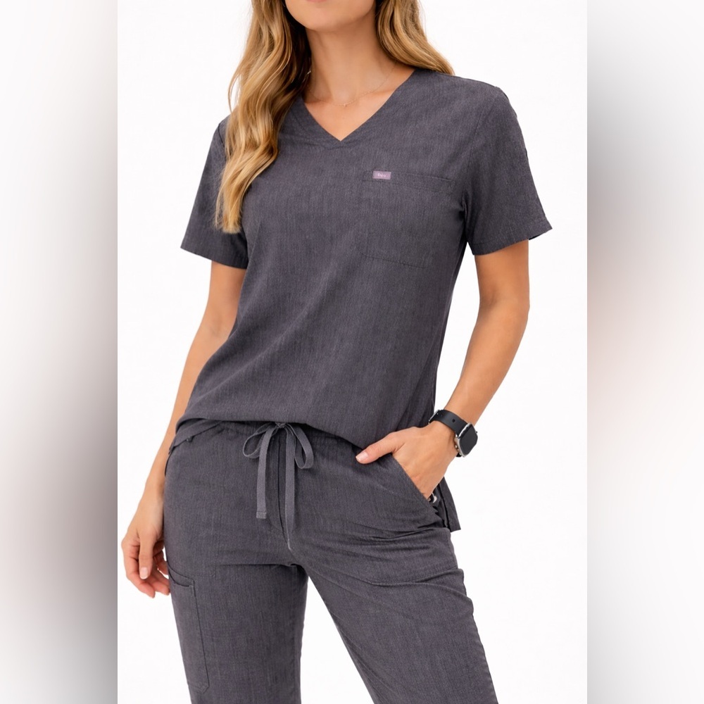 FIGS Technical Collection Scrub Top Gray Size L V Neck Medical Nursing Scrubwear